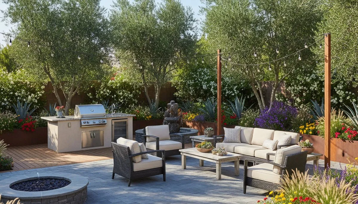 Backyard patio landscaping with lighting and plant beds in Glendale, AZ by Chop Chop Landscaping