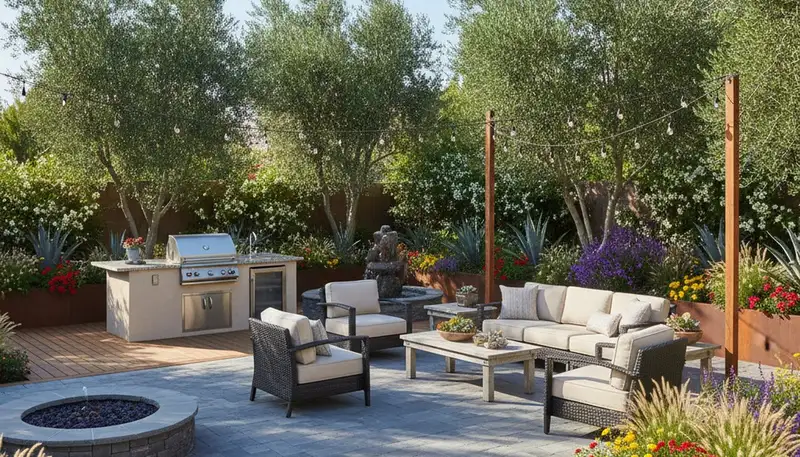 Backyard patio landscaping with lighting and plant beds in Glendale, AZ by Chop Chop Landscaping