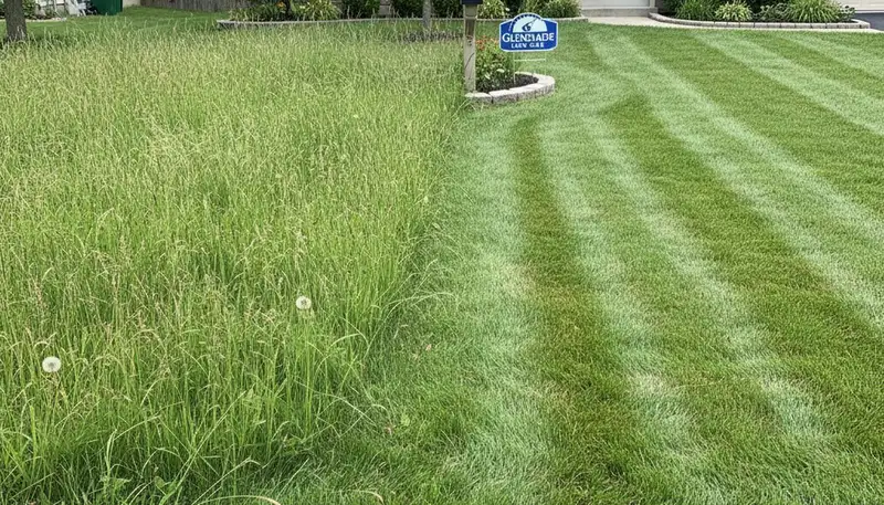 Before and after lawn mowing showing overgrown yard turned pristine green lawn in Glendale, AZ