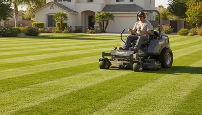 Commercial mower creating clean striped lawn patterns during professional mowing in Glendale, AZ