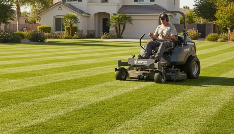Commercial mower creating clean striped lawn patterns during professional mowing in Glendale, AZ