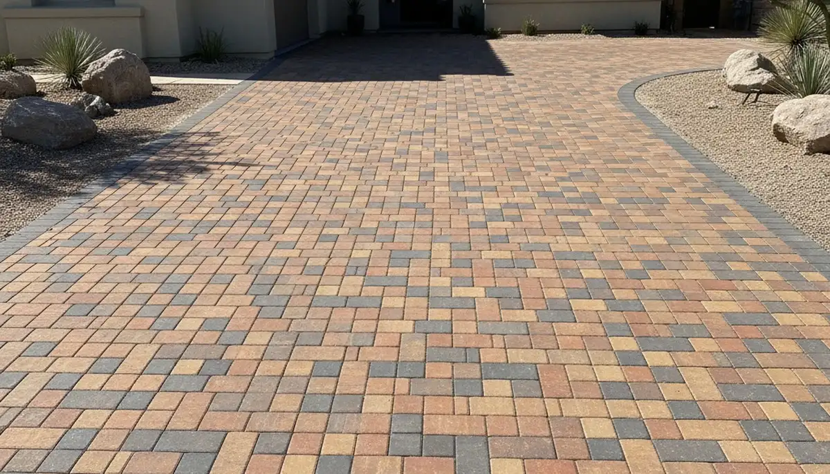 Completed interlocking paver driveway installation in Glendale, AZ by professional landscaping contractors