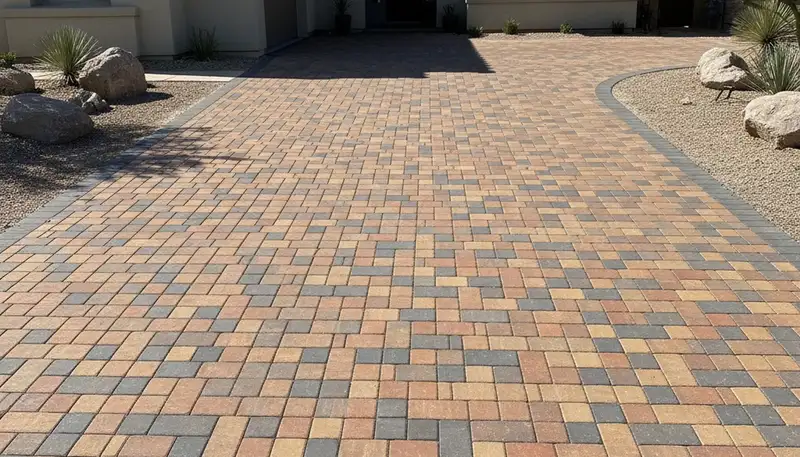 Completed interlocking paver driveway installation in Glendale, AZ by professional landscaping contractors