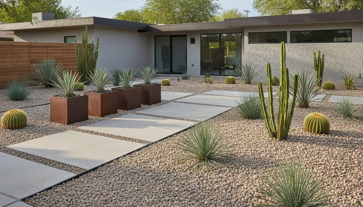 Modern pea gravel landscape with clean lines and drought-tolerant plants in Glendale, AZ