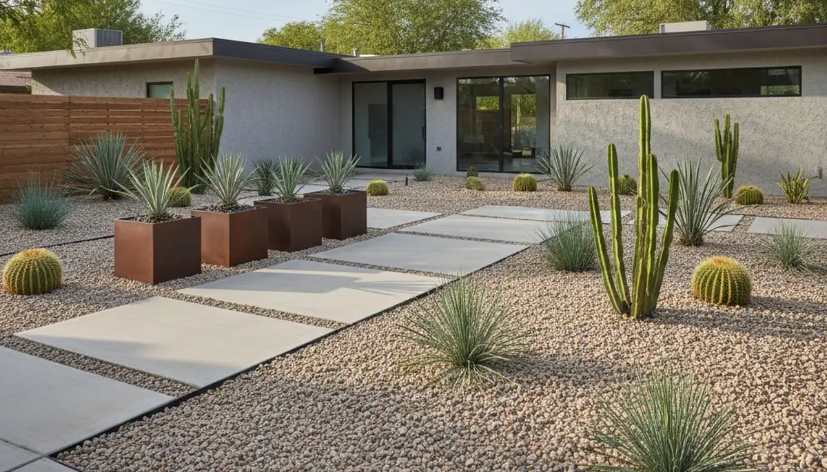 Modern pea gravel landscape with clean lines and drought-tolerant plants in Glendale, AZ