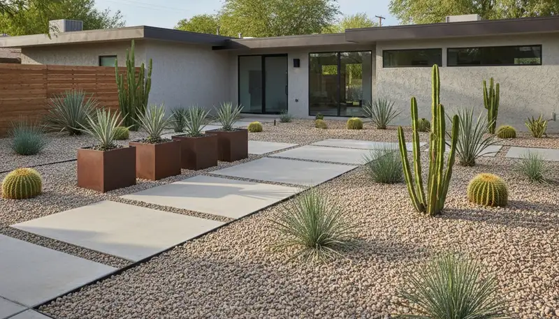 Modern pea gravel landscape with clean lines and drought-tolerant plants in Glendale, AZ