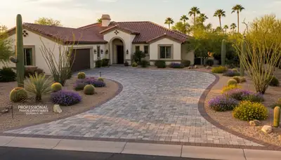 Curved paver driveway design showcasing expert landscaping craftsmanship in Glendale, AZ