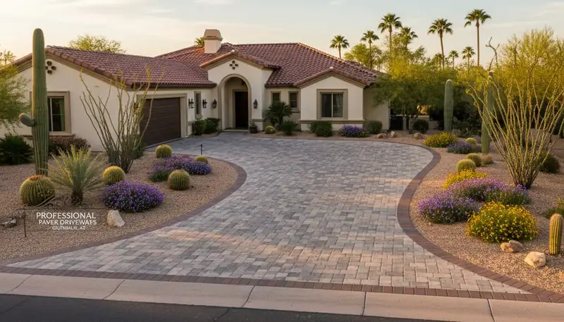 Curved paver driveway design showcasing expert landscaping craftsmanship in Glendale, AZ