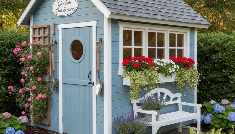 Decorative garden shed with landscape integration by professional landscapers in Glendale, AZ