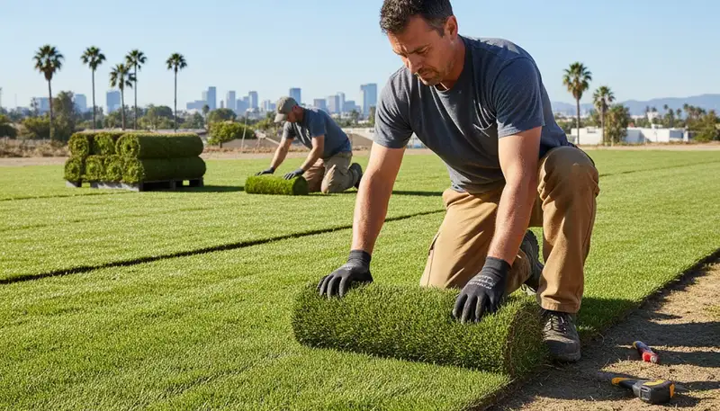 Professional landscaper installing fresh sod in Glendale, AZ for a seamless, high-quality lawn finish
