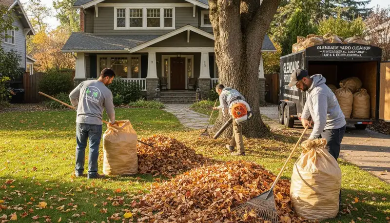 Technicians raking and bagging fall leaves during Glendale AZ yard cleanup by Chop Chop Landscaping