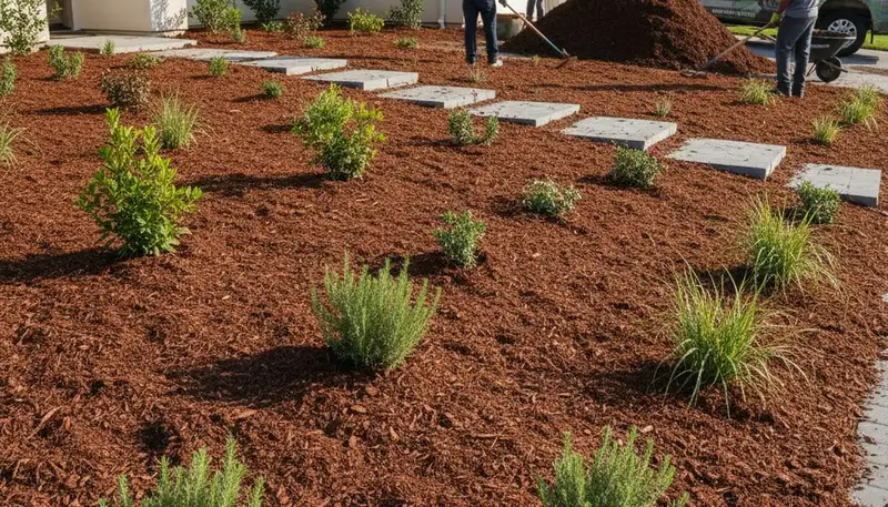 Fresh mulch installation with clean edges and rich color by Glendale, AZ landscaping professionals