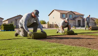 Professional sod installation in Glendale, AZ showing fresh grass rolls laid by landscapers