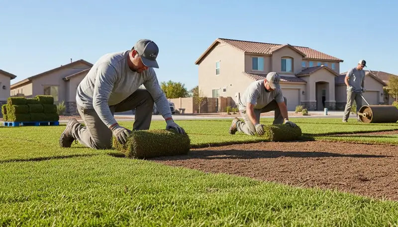 Professional sod installation in Glendale, AZ showing fresh grass rolls laid by landscapers