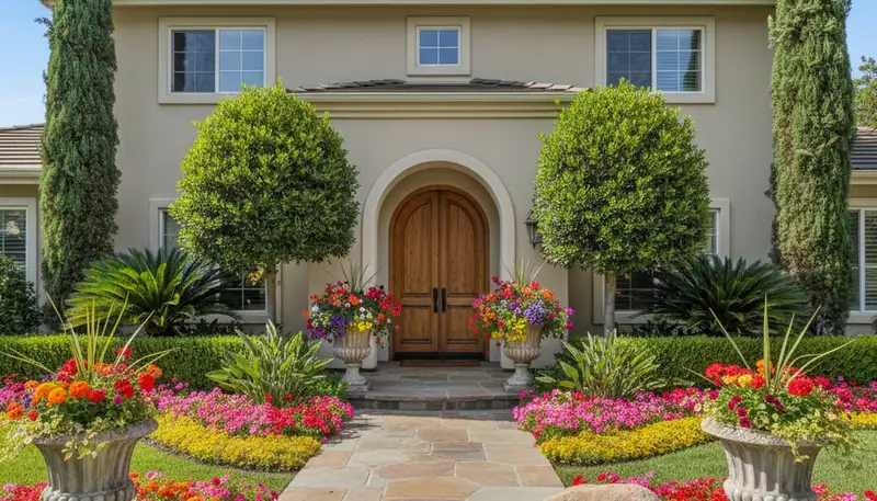 Front yard landscape design with colorful flowers and shrubs enhancing curb appeal in Glendale, AZ