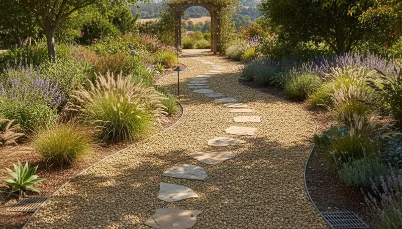 Pea gravel garden pathway with clean edging and drought-tolerant landscaping in Glendale, AZ