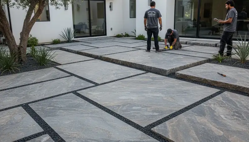 Modern large format stone slab patio installation by professional landscapers in Glendale, AZ