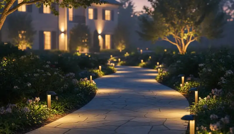 Illuminated walkway with path lights at dusk by professional landscapers in Glendale, AZ