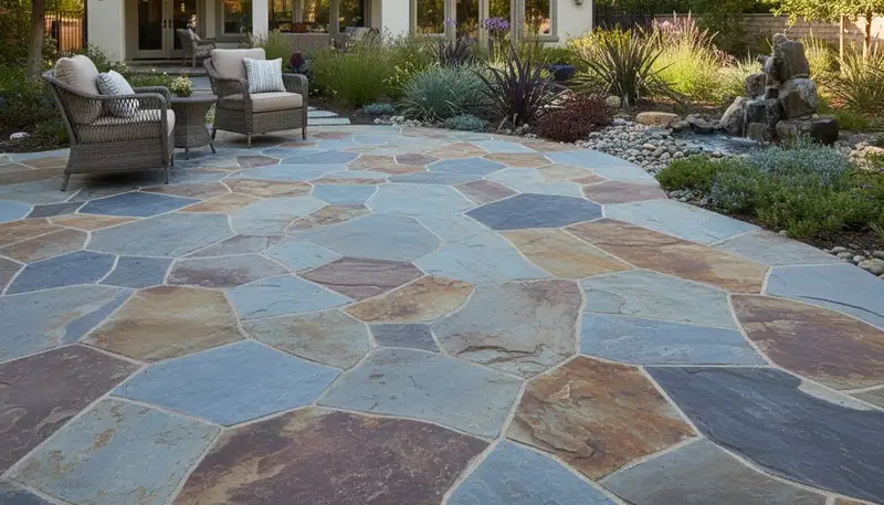 Natural flagstone patio installation with slate stones by Chop Chop Landscaping in Glendale, AZ
