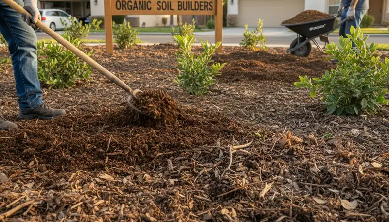 Applying organic compost and natural fertilizers to garden beds in Glendale, AZ landscaping project