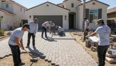 Landscaping crew installing driveway pavers in Glendale, AZ with precise base prep and leveling work