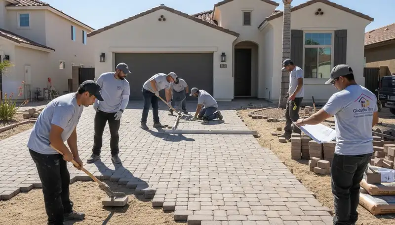 Landscaping crew installing driveway pavers in Glendale, AZ with precise base prep and leveling work