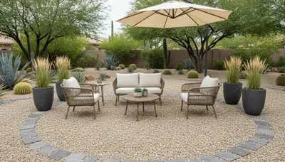 Professional pea gravel patio installation in Glendale, AZ with smooth surface and outdoor seating