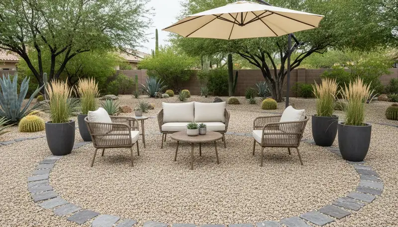 Professional pea gravel patio installation in Glendale, AZ with smooth surface and outdoor seating