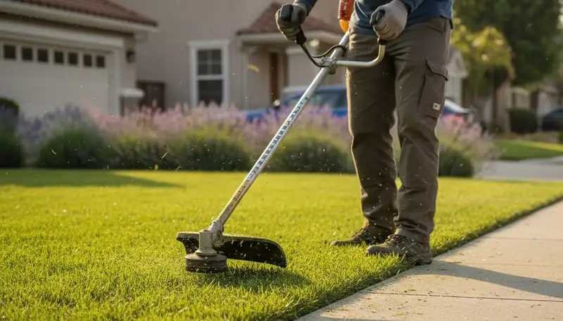 Technician performing precise lawn edge trimming with string trimmer in Glendale, AZ landscaping service