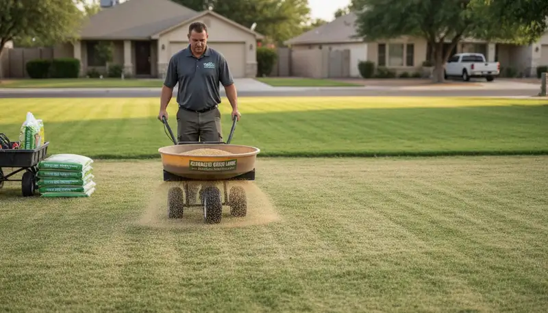 Professional lawn fertilization with spreader in Glendale, AZ by Chop Chop Landscaping expert