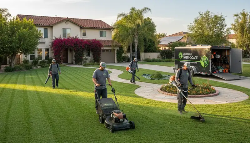 Professional lawn mowing and edging crew servicing a residential yard in Glendale, AZ