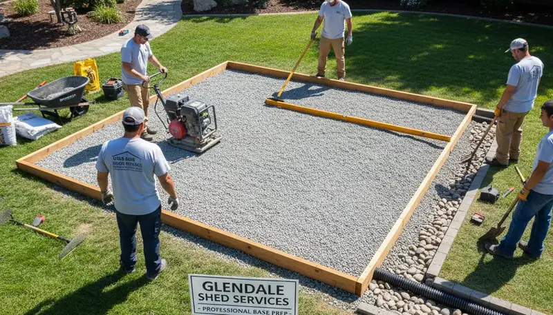 Professional shed foundation preparation with gravel base by landscapers in Glendale, AZ