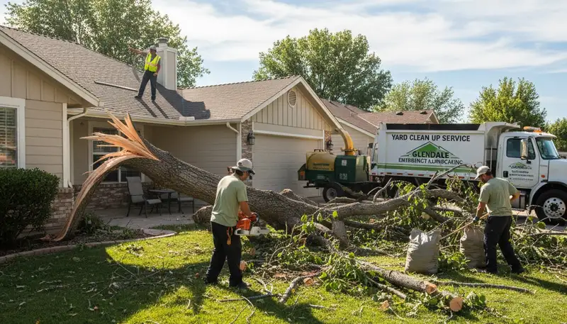 Yard cleanup crew removing storm debris and branches at a Glendale, AZ property after storm damage