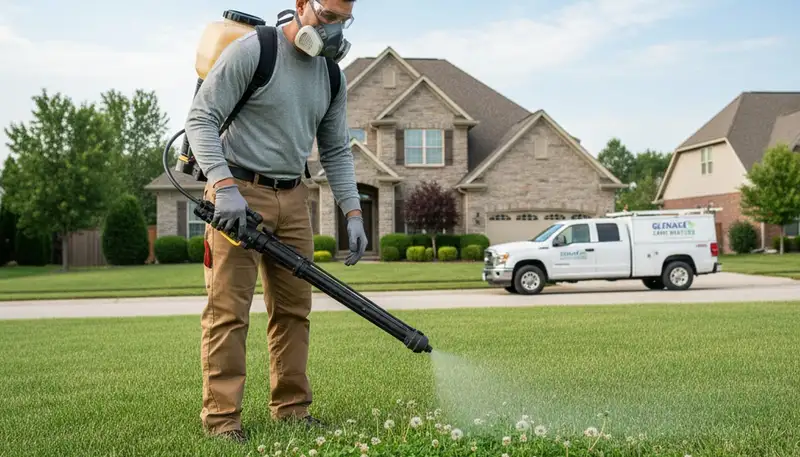 Technician applying targeted weed control treatment on Glendale AZ lawn with professional sprayer